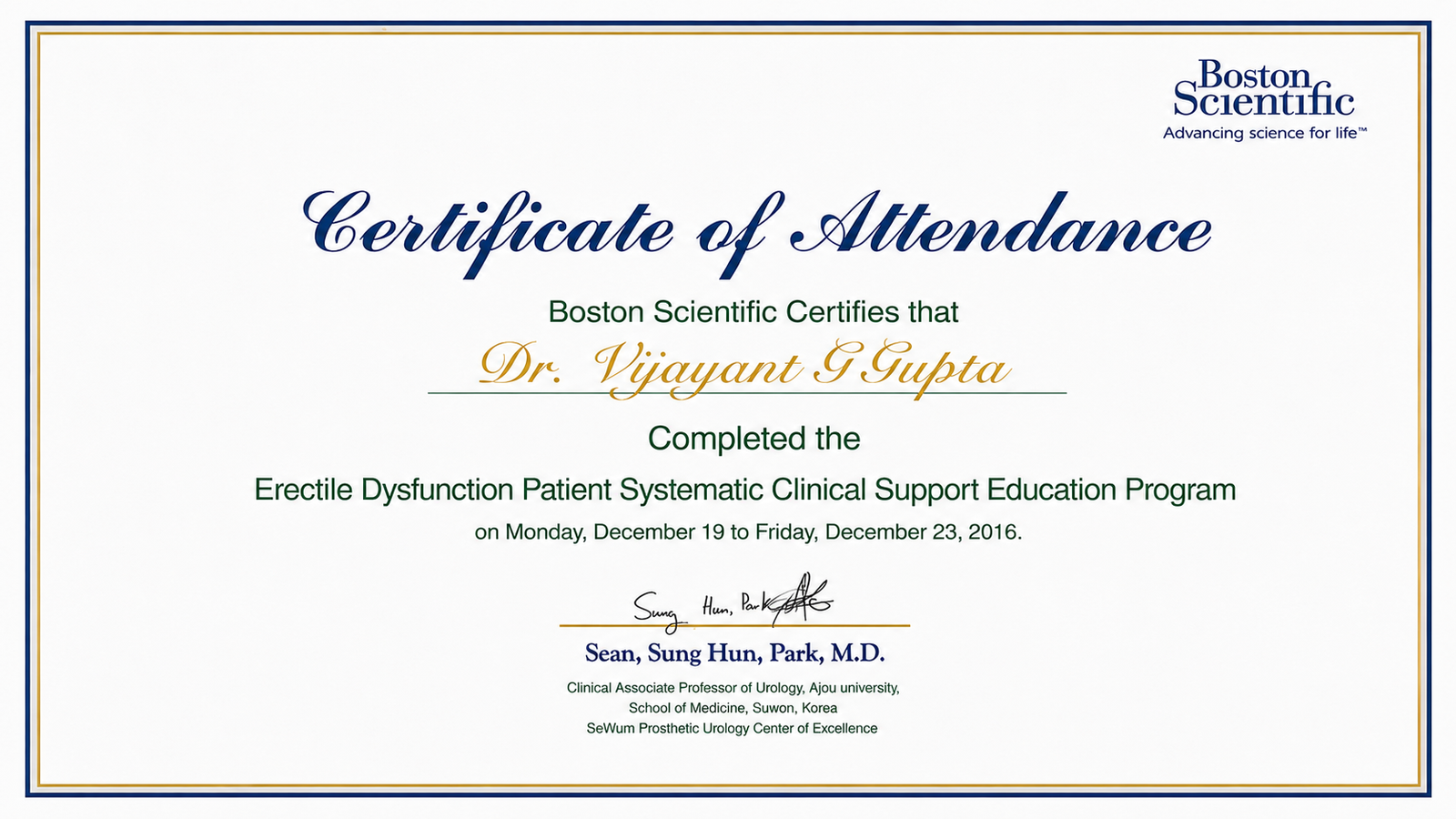 Advanced penile implant training of Dr. Vijayant Govinda Gupta