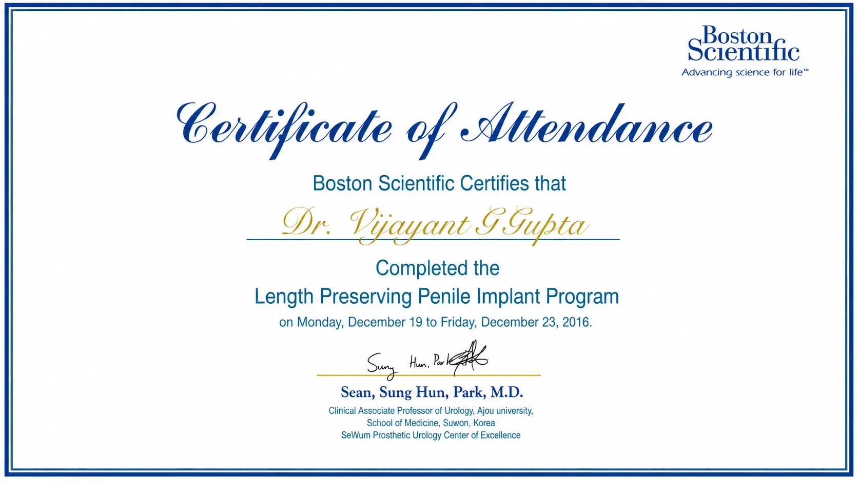 Boston Scientific AMS 700 certification of Dr. Vijayant Govinda Gupta