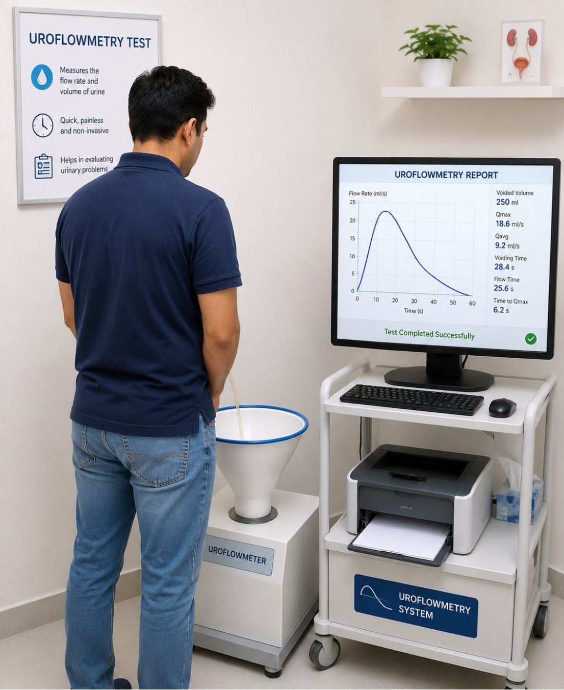 Urine flow test using a uroflowmetry device