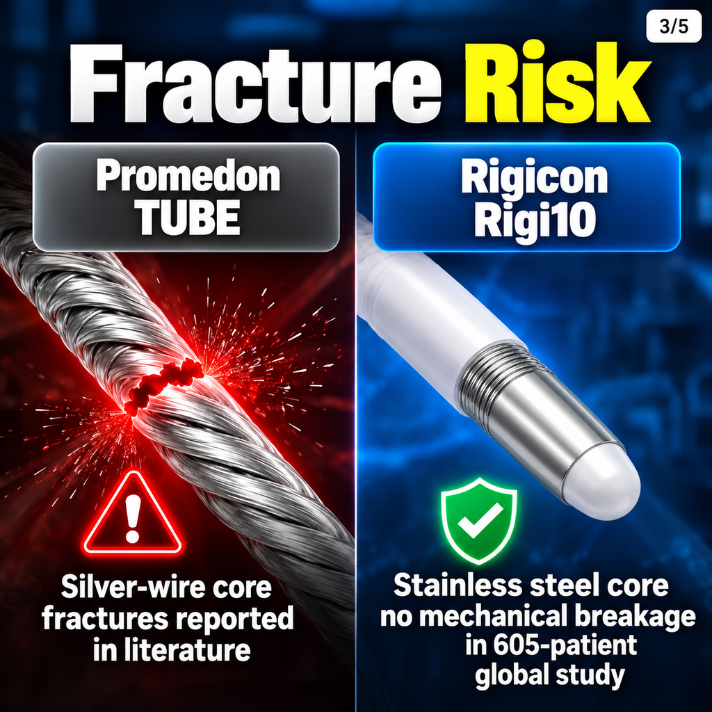 Promedon TUBE silver wire fracture risk compared with Rigicon Rigi10 stainless steel core