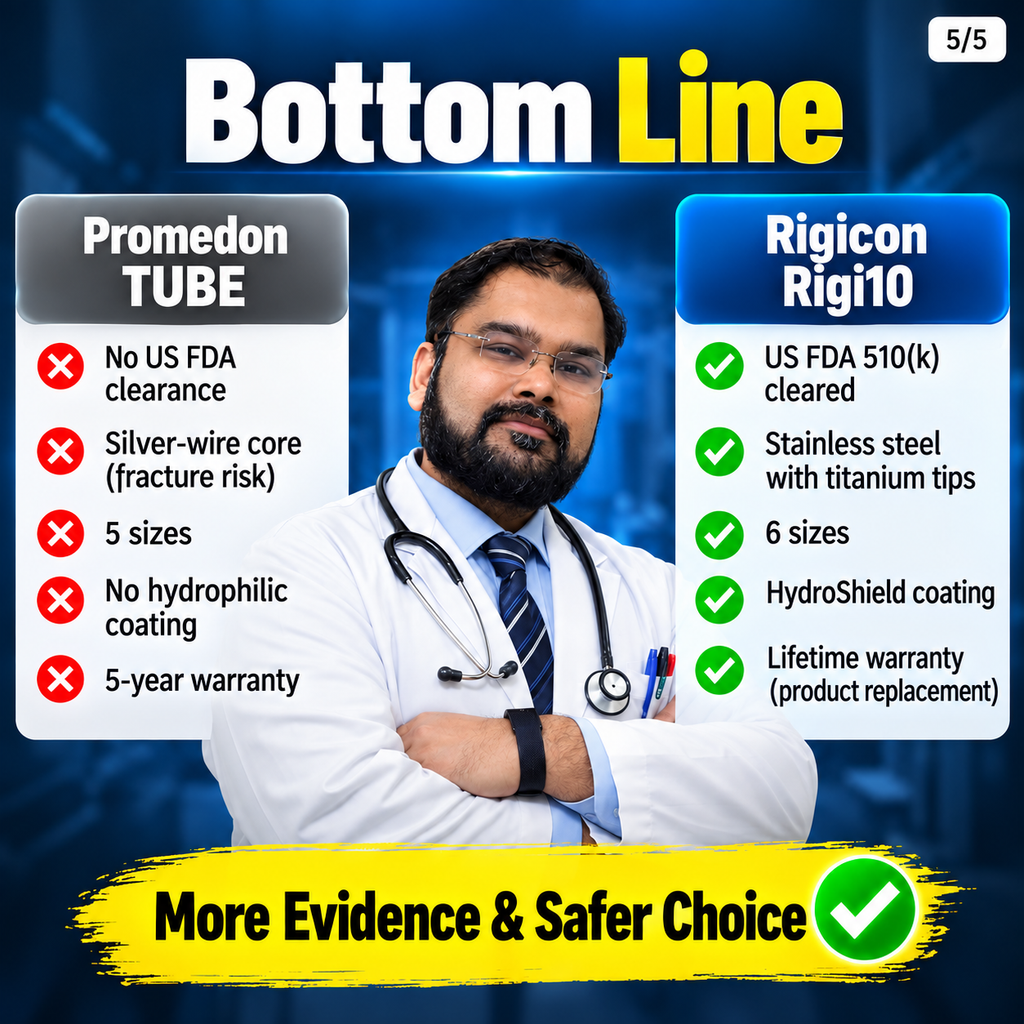 Promedon TUBE vs Rigicon Rigi10 comparison of FDA clearance core material sizes coating and warranty